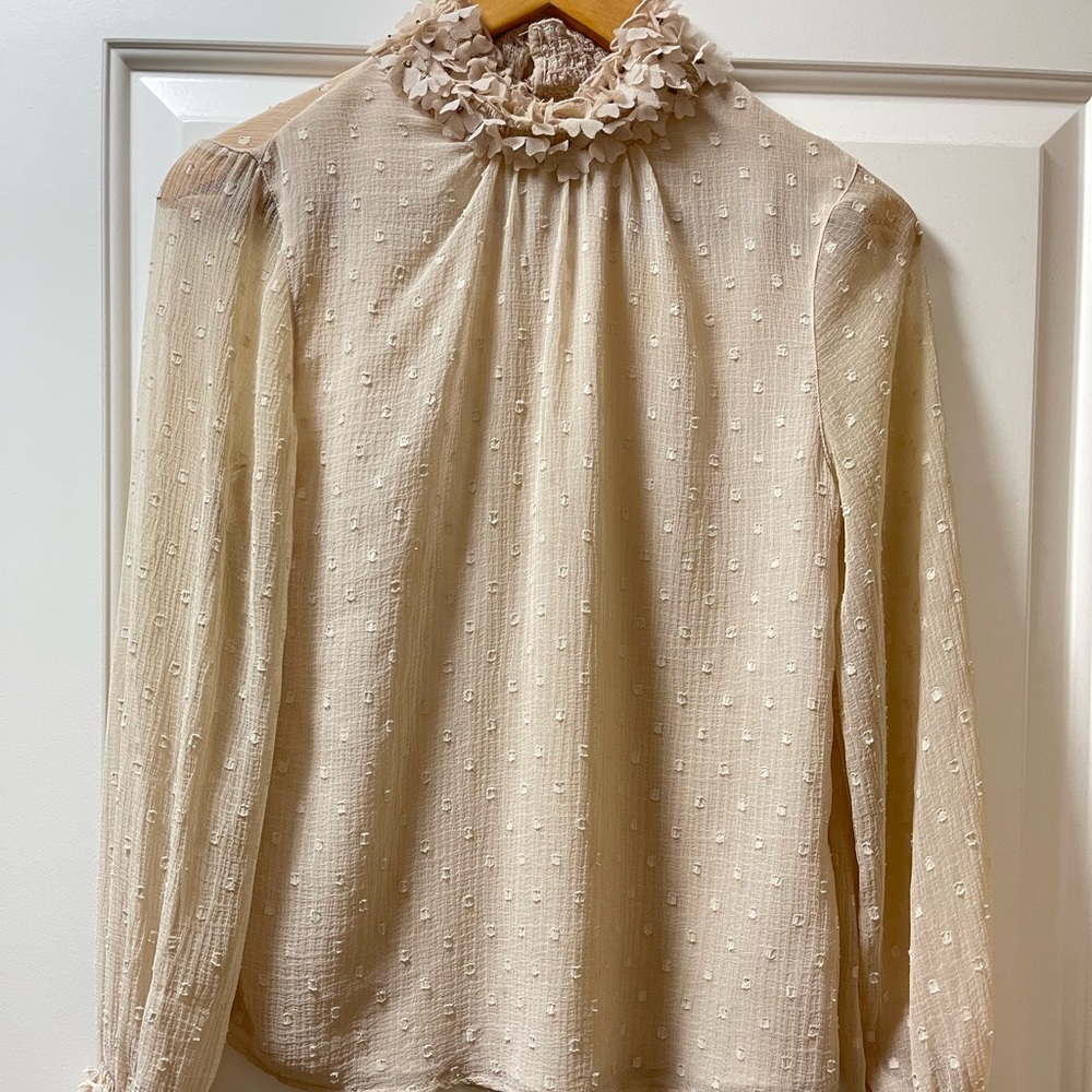 Zara beige top with floral detailing cuffs and neck